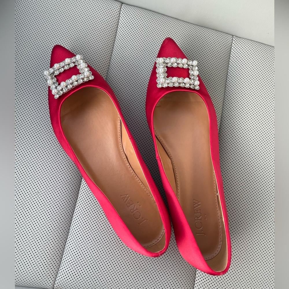 J. Crew Women's Red Satin Flats with Pearl Accent